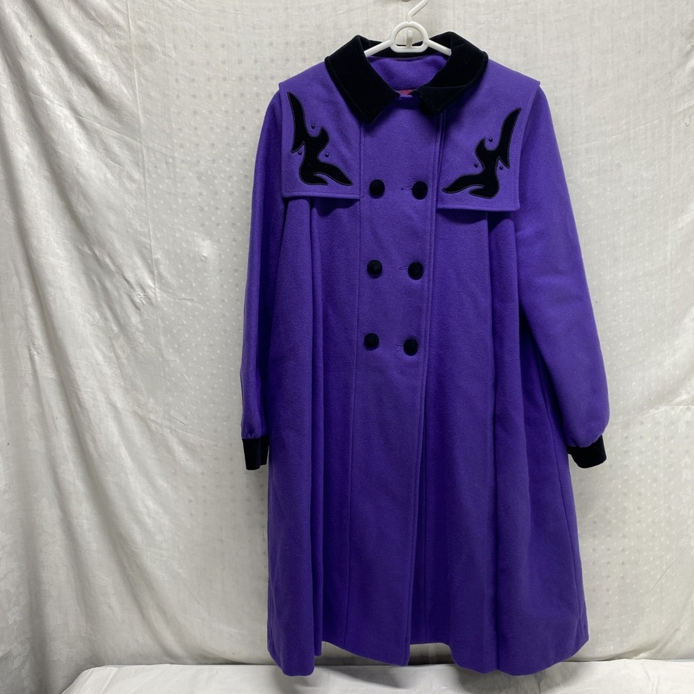 Vtg Wool Blend Purple Coat Whimsigoth Size 14 USA Union Made Black‎ Velour Trim